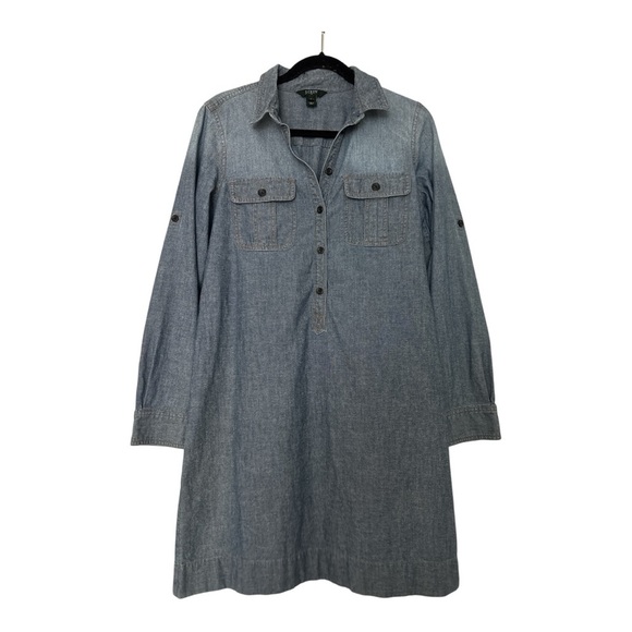 J. Crew shirt dress, denim, sz small, half button, pockets, button up sleeves. - Picture 7 of 7